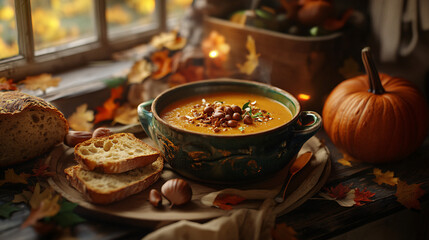 A cozy autumn scene with a pot of pumpkin soup, served with crusty bread and a side of roasted chestnuts, with leaves and pumpkins decorating the table. 