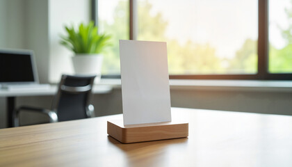 Blank card holder stands elegantly on a wooden desk in a sunlit modern office setting