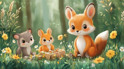 Fototapeta premium Fox, bunny, mouse, gift, wildflowers, meadow.