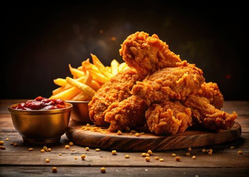 Capture the golden glow: night photography of delectable broast chicken and fries.