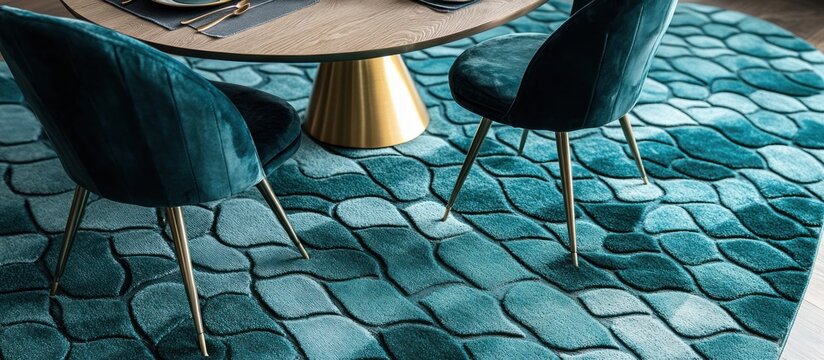 Teal plush carpet with fish-scale designs, aquatic-inspired elegance 