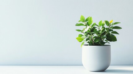 Fototapeta premium A potted plant sits on a white table against a light blue wall.