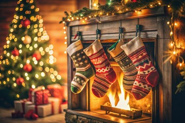 Christmas stockings hang by a crackling fireplace, captured in minimalist night photography.