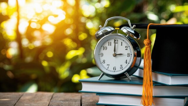 An alarm clock standing on a stack of books and a graduation hat on a background of a side effect. With space for the text. - Powered by Adobe