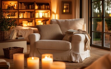 Light beige armchair in a cozy living space with warm lighting and natural accents