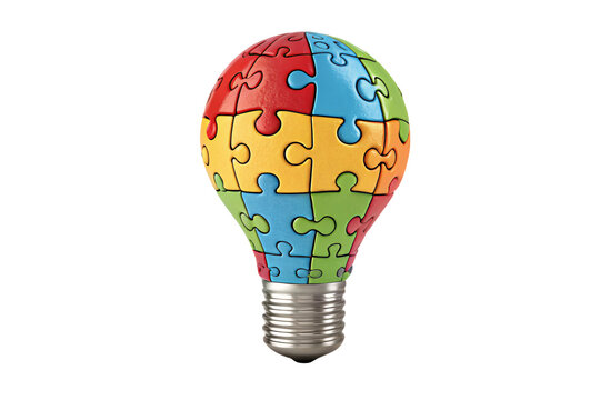 A colorful puzzle-piece lightbulb symbolizing creativity, innovation, and the interconnected nature of ideas and solutions, isolated on a transparent background