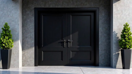 Isolated modern elegant black double doors, sleek contemporary interior doors, symmetrical stylish architecture