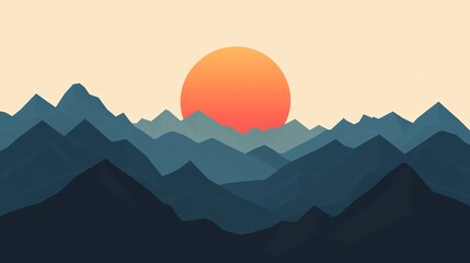 Obraz premium A low-poly mountain range with a large orange sun in the background.