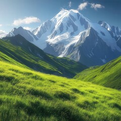Mont Blanc in summer, with green meadows stretching towards the snow-capped peaks. The contrast between the lush grass and white summit is stunning