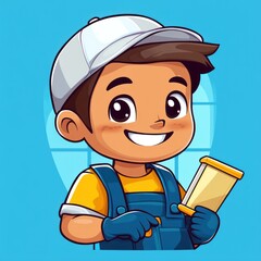 A Happy Young Painter Boy Holds His Paint Tray