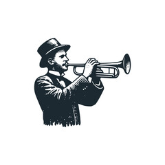 The man blow the trumpet. Black white logo icon vector isolated. 