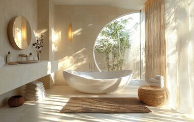 Fototapeta premium Minimalist round mirror in a well-lit bathroom with soft natural accents