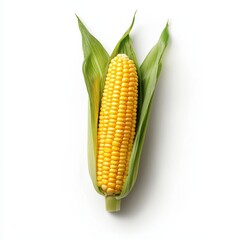A vibrant yellow corn cob with green husk, showcasing its fresh and natural appearance against a white background.