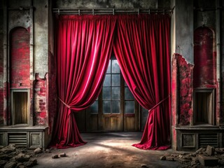 Decaying grandeur: red velvet curtains frame a mysterious, dramatically lit abandoned building's textured interior.
