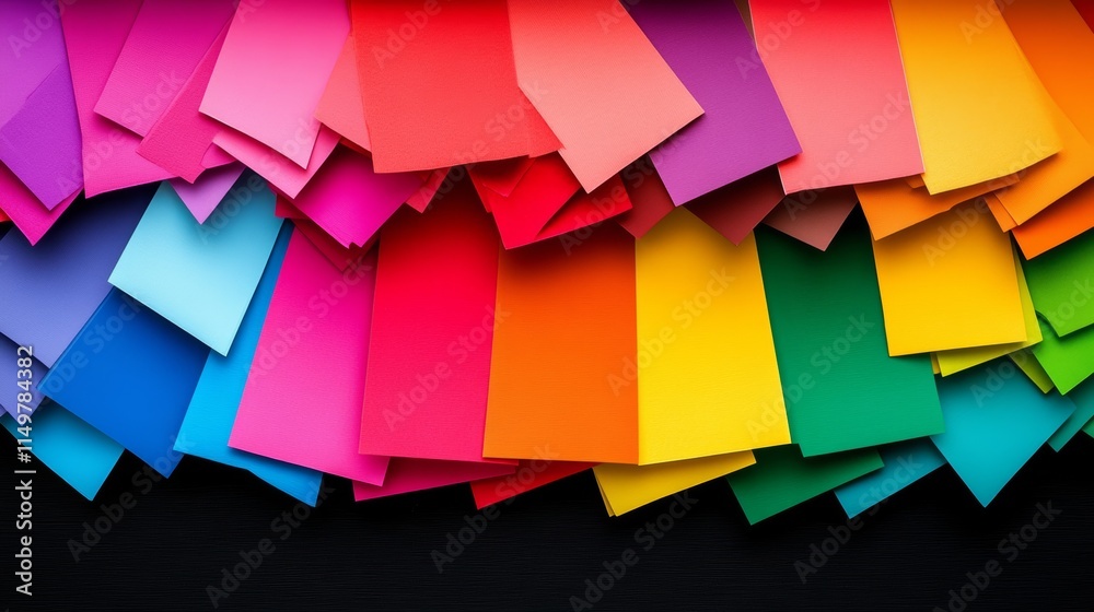 Poster colorful stack of paper with a rainbow pattern. the paper is cut into various shapes and sizes, crea