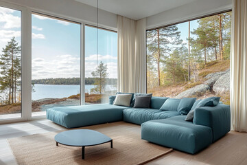 Modern living room with a scenic view of lake and forest contemporary interior design serene environment natural light tranquility concept