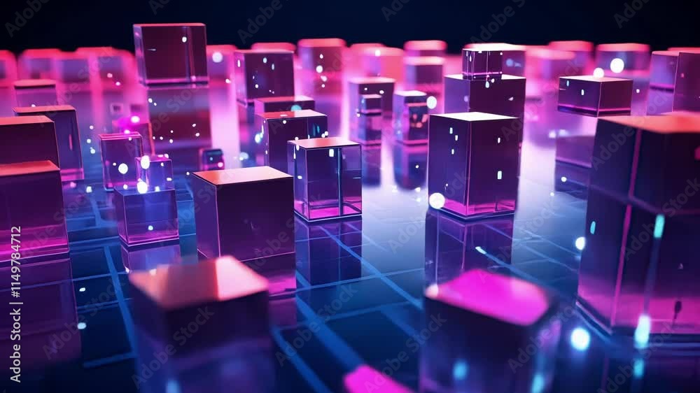 Poster glass cubes floating and exchanging data through a network of light beams and particles, representin