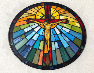 Cross . Colorful stained glass window. Multicolored interior design template. Oil painting