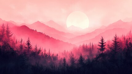 Fototapeta premium Pink sunset over misty mountain forest.