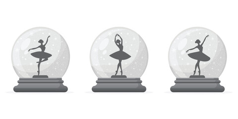Snow globe set with ballet dancers flat illustration isolated on white background