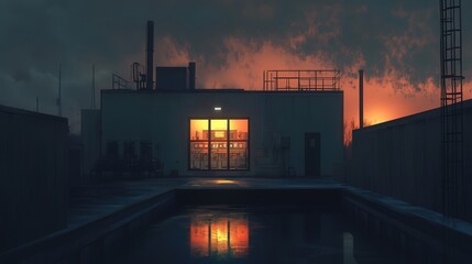 water treatment plant during sunset, with the lights from the control room flickering as technicians work tirelessly.