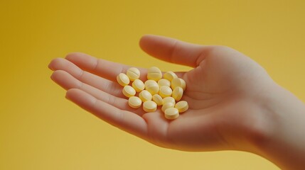 Fototapeta premium A delicate hand takes vibrant yellow pills from a soft palm, evoking a sense of care and focus on well-being against a cheerful golden background