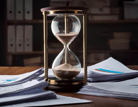 An hourglass on a desk with scattered documents, illustrating time-sensitive decision making in business.