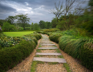 Fototapeta premium An arrange of garden paths leading from a single point, representing the decision of which nature trail to take.