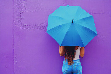 Fototapeta premium Woman holding a blue umbrella on a purple background, in a minimalist style, with copy space.
