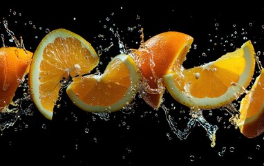 Slices of bright citrus fruits suspended mid-air, surrounded by splashes of juice