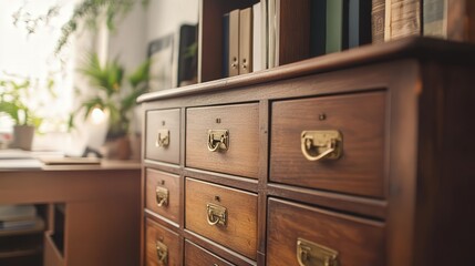 wooden filing cabinet with a vintage look, placed in a cozy home office.
