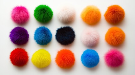 Row of fuzzy balls of different colors and sizes. The colors include red, yellow, blue, and pink