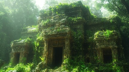 Overgrown stone temple, jungle setting.