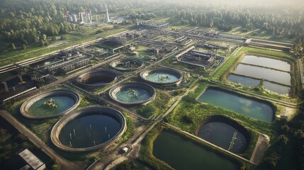 aerial view of a sprawling waterworks complex, with its large reservoirs, filtration plants, and pipelines stretching across the land.