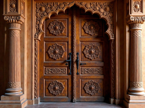 The ornate wooden door of the Indian palace.