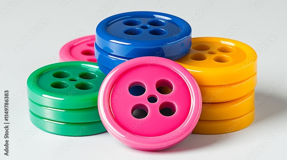 Poster stack of colorful buttons with a pink one in the middle. the buttons are arranged in a pyramid shape