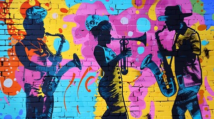 Fototapeta premium Artistic outline of ethnically diverse individuals playing musical instruments against a colorful graffiti wall backdrop.