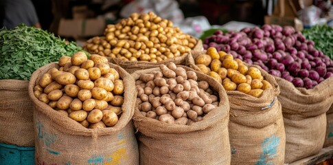 Vibrant market display of assorted potatoes captured at a local farmer's market in the midday sunlight