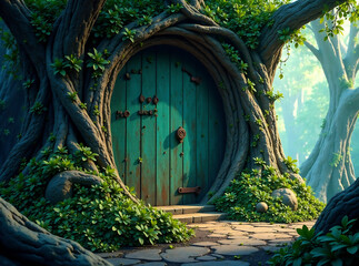 Naklejka premium Magic door, door to fantasy dimension, branch and leaf door, digital illustration, Generative AI