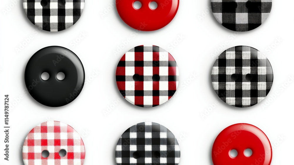 Poster collection of buttons with checkered patterns. the buttons are red and black. concept of nostalgia a