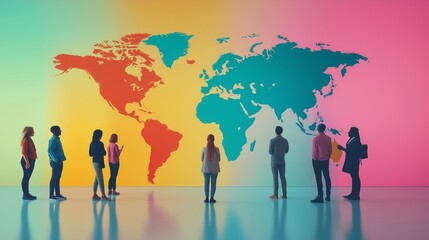 A representation of a world map showcasing economic opportunities and challenges, with people analyzing it together. The global collaboration and teamwork in financial trends and strategies