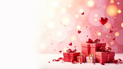 Gift boxes of different sizes, Valentine's Day, February 14, white and pink background, floating hearts, golden glow, horizontal banner, post card.