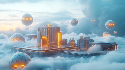 A futuristic floating data center in the clouds, surrounded by glowing orbs of data, sci-fi architectural style