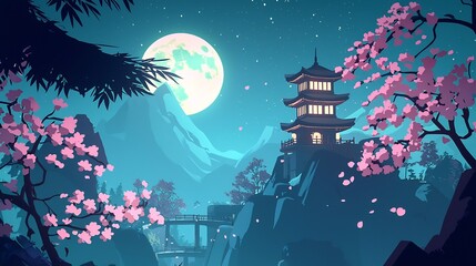 Naklejka premium Enchanting Moonlit Pagoda Amidst Cherry Blossoms and Serene Landscape