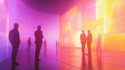 Business leaders engaging in a collaborative dialogue about global economic trends. Digital displays showcase relevant data, teamwork and strategic decision-making, people in a modern setting
