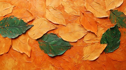A close-up view of rough orange and green textures resembling autumn leaves, created with acrylic brushstrokes and palette knife