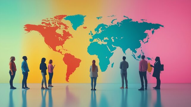 A representation of a world map showcasing economic opportunities and challenges, with people analyzing it together. The global collaboration and teamwork in financial trends and strategies