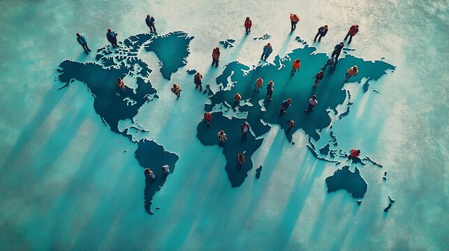 A representation of a world map showcasing economic opportunities and challenges, with people analyzing it together. The global collaboration and teamwork in financial trends and strategies