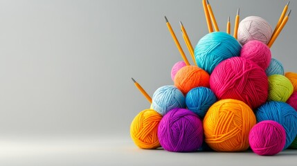 Pile of colorful yarn with a bunch of pencils on top. The yarn is in various colors and the pencils are yellow. Concept of creativity and playfulness, as the yarn