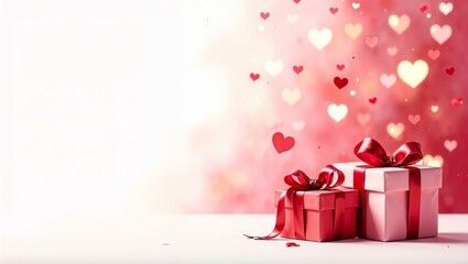 Gift boxes of different sizes, Valentine's Day, February 14, white and pink background, floating hearts, golden glow, horizontal banner, post card.